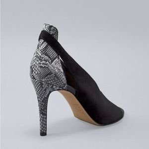 WHBM black suede w snakeskin detail on heels. Like new only worn a few times.